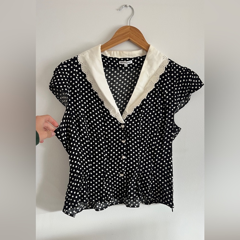 Reformation Black and White Polka Dot Blouse with Heart Shaped Pearl Buttons